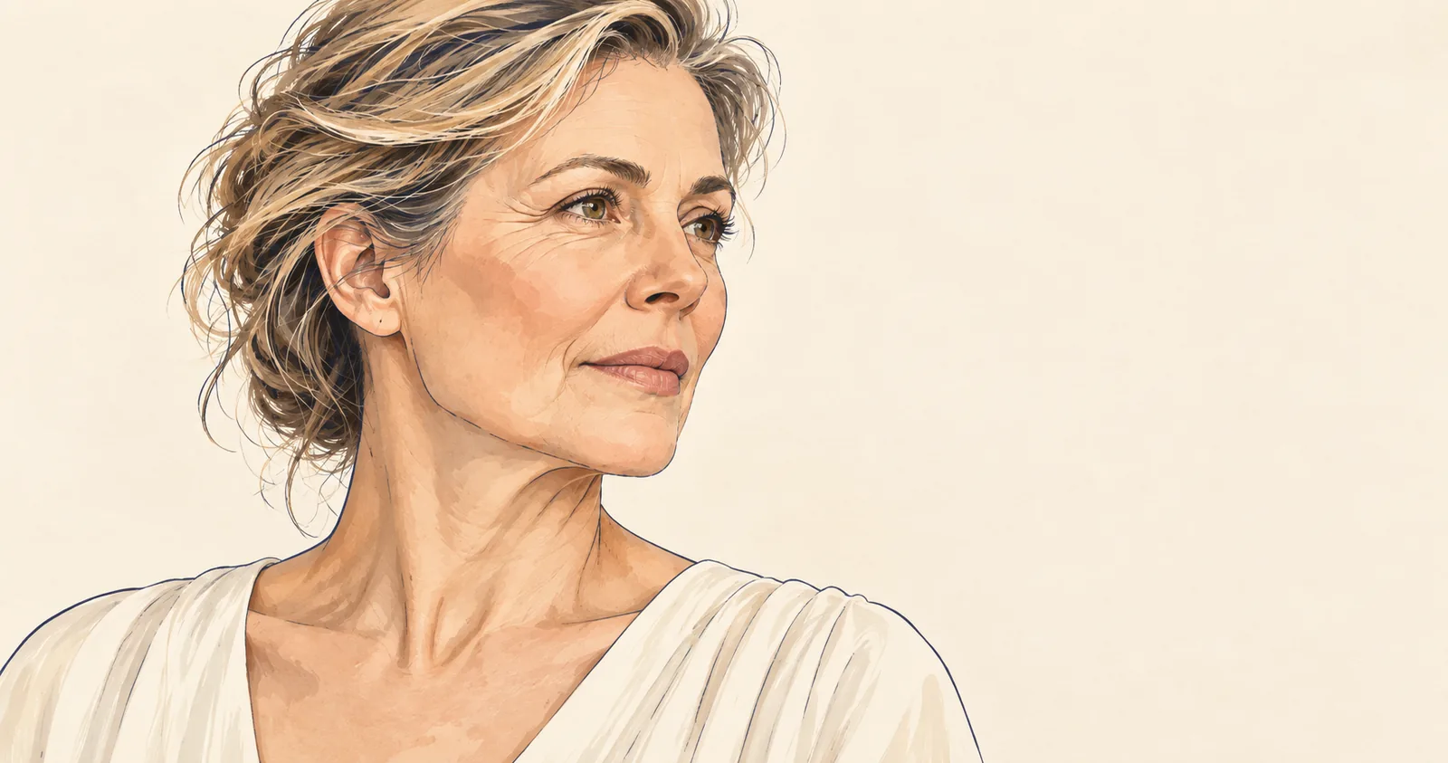 Watercolour illustration of a woman in her fifties in profile, representing natural facial ageing