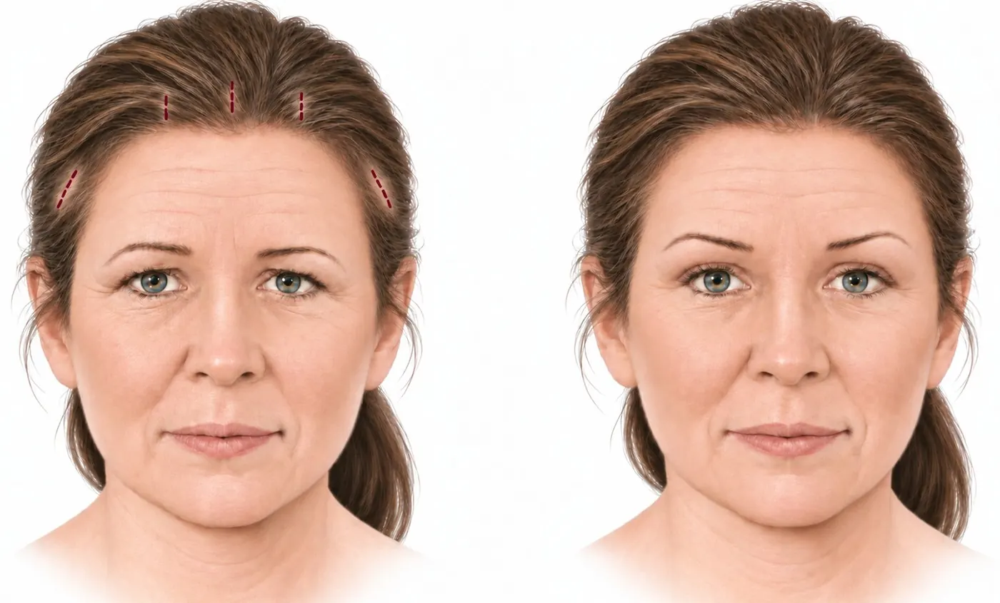 Illustration of endoscopic facelift incision placement – small hairline incisions at the brow and temple, before and after