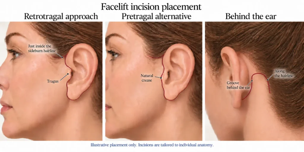 Illustration of facelift incision placement around the ear: retrotragal approach, pretragal alternative and the groove behind the ear