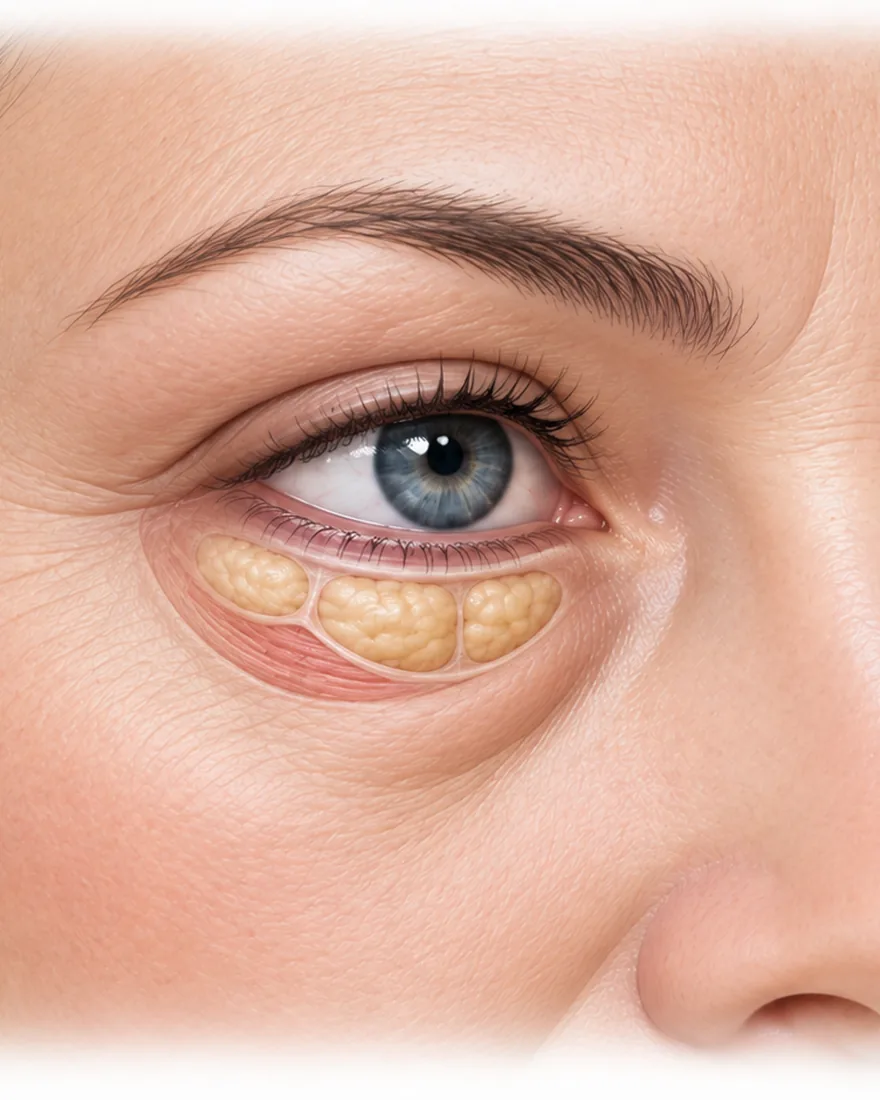Illustration of the lower eyelid showing the three fat pads and the orbicularis muscle beneath the lower lid, the structures addressed in lower blepharoplasty