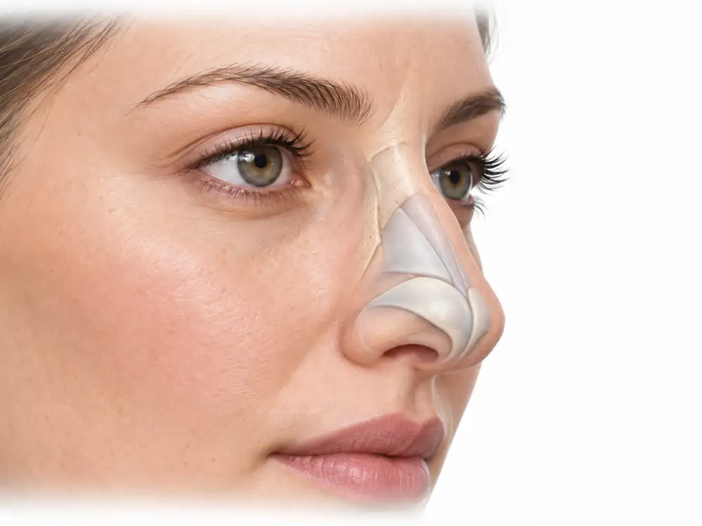 Illustration of a woman’s face in three-quarter view showing the underlying nasal bones and cartilage framework beneath the skin