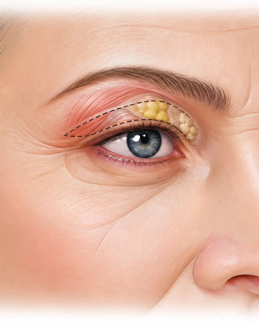 Illustration of the upper eyelid showing excess skin, the orbicularis muscle and fat pads, with the planned skin excision marked in the natural crease