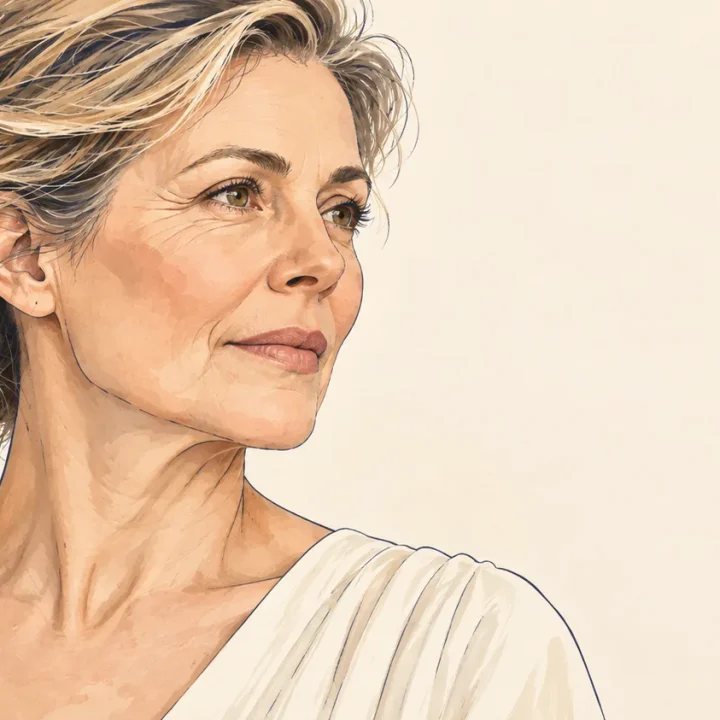Watercolour illustration of a woman in her fifties in profile, representing natural facial ageing