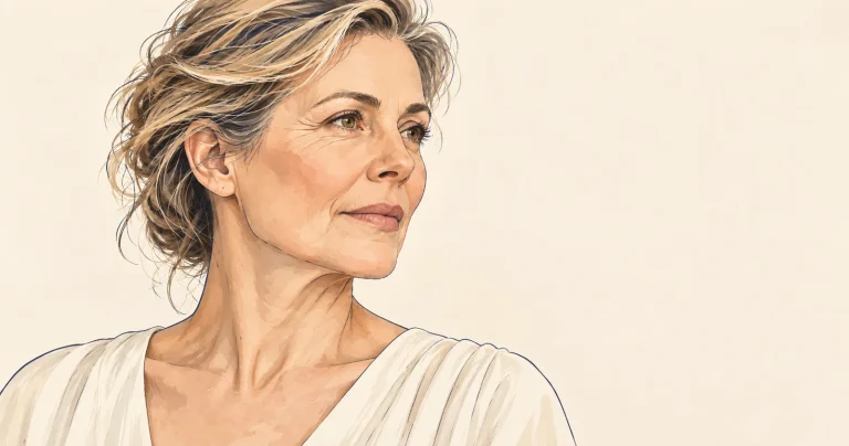 Watercolour illustration of a woman in her fifties in profile, representing natural facial ageing