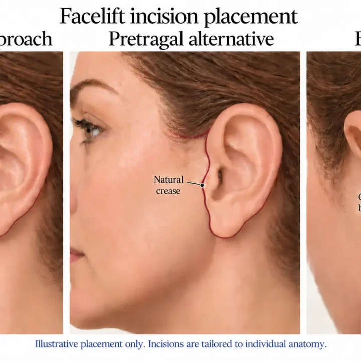 Illustration of facelift incision placement around the ear: retrotragal approach, pretragal alternative and the groove behind the ear