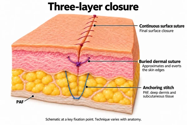 Illustration of the three-layer closure of facelift incision