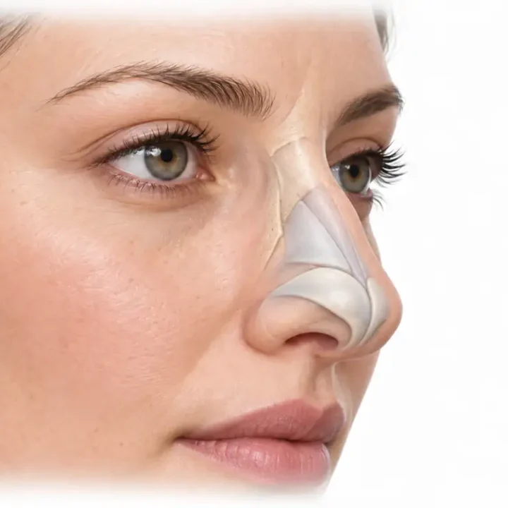 Illustration of a woman’s face in three-quarter view showing the underlying nasal bones and cartilage framework beneath the skin